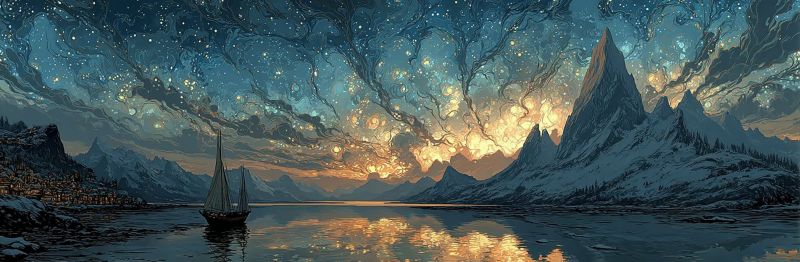 Night sky mountain water boat reflection sunset cloud sea horizon rock snow star hill town forest valley fog A serene landscape features a sailboat gliding on a calm lake under a vibrant night sky. The sky is a mix of deep blues and warm yellows, with stars and a glowing moon. Mountains covered in snow rise in the background, their peaks silhouetted against the sky. The water reflects the colors of the sky and the distant lights of a town nestled among the mountains. The scene is peaceful and filled with natural beauty.