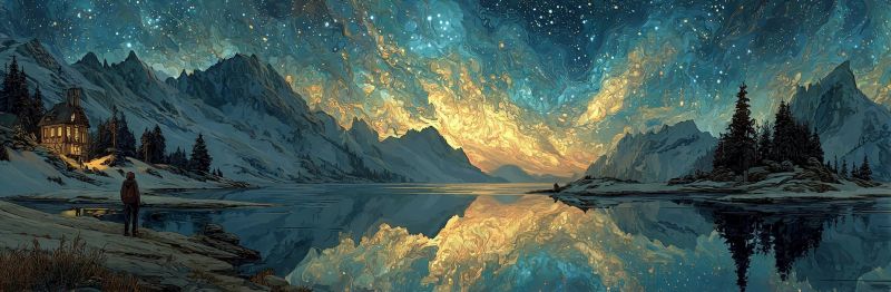 Mountains lake reflection night sky stars house trees snow painting nature outdoors winter cold dark A serene night scene features a tranquil lake reflecting a vibrant sky filled with stars. The sky transitions from deep blues to warm yellows and oranges, suggesting either a sunset or sunrise. In the foreground, a person stands on the edge of the lake, gazing at the sky. Snow-covered mountains and trees line the background, with a small house nestled among the trees, its windows glowing warmly. The overall atmosphere is peaceful and contemplative, with the reflection of the sky and stars shimmering on the lake's surface.