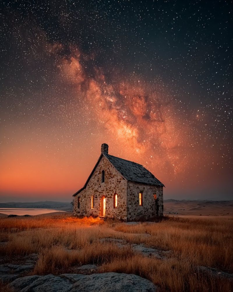 Eglise nuit ciel etoiles batiment architecture herbe champ coucher soleil fenetre toit pierre mur nature horizon montagne lac Une petite église en pierre se dresse seule dans un vaste champ ouvert sous un ciel nocturne rempli d'étoiles. L'église a un clocher et plusieurs fenêtres, avec une lumière chaude émanant de l'intérieur, suggérant qu'elle est occupée. Le ciel est d'un bleu profond et sombre, et la Voie Lactée s'étend à travers lui, brillant d'une douce lumière éthérée. Le champ est couvert d'herbe haute et sèche, et il y a quelques rochers éparpillés. Au loin, un plan d'eau reflète les couleurs du ciel, ajoutant à l'atmosphère sereine et mystique de la scène.