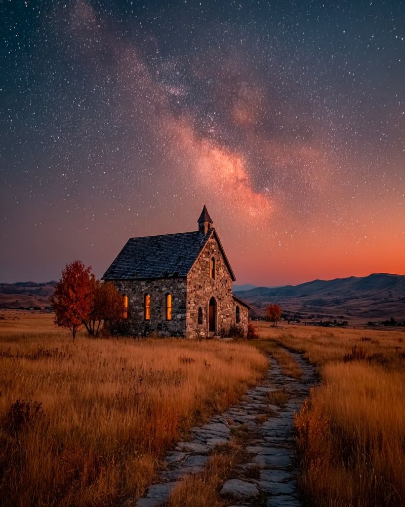 Eglise ciel nuit etoile champ chemin arbre montagne coucher soleil architecture batiment herbe pierre fenetre toit nature voyage Dans un paysage serein, une petite église en pierre se dresse au milieu d'un vaste champ doré. L'église présente un toit pointu et plusieurs fenêtres, avec une lumière chaude émanant de l'intérieur. Un chemin de pierre mène à l'église, bordé de hautes herbes sèches. À gauche, un arbre aux feuilles rouges vibrantes ajoute une touche de couleur. Le ciel au-dessus est d'un bleu profond, parsemé d'étoiles et illuminé par la Voie Lactée, créant un paysage nocturne à couper le souffle. Au loin, les silhouettes des montagnes sont visibles, rehaussant le cadre tranquille et pittoresque.