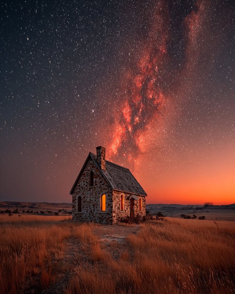Night sky house field architecture building countryside country grass outdoors roof sunset town travel tree window cloud hill In the center of the image stands a small stone chapel, its windows glowing warmly with light. The chapel is situated in a vast, open field of tall, dry grass under a night sky filled with stars. The Milky Way galaxy is prominently visible, with its bright, swirling bands of stars stretching across the sky. The sky transitions from deep blue to a soft orange near the horizon, indicating the setting sun. The chapel's roof is steeply pitched, and a chimney rises from its center. The chapel is surrounded by the vast, open landscape, creating a sense of solitude and tranquility.
