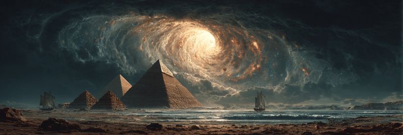 Pyramide ancienne desert ciel mer navire nuage soleil obscurite nuit tempete galaxie espace etoile rocher vague horizon reflet Une grande pyramide se dresse de manière proéminente au premier plan, avec plusieurs pyramides plus petites visibles en arrière-plan. La scène se déroule sur fond d'une galaxie tourbillonnante, avec des couleurs vibrantes de bleu, violet et or. Le ciel est sombre, avec une lumière brillante et rayonnante émanant du centre de la galaxie, projetant une lueur mystique sur les pyramides. Au loin, un voilier est vu naviguant sur l'océan, ajoutant au sentiment d'aventure et d'exploration. L'atmosphère générale est celle de l'émerveillement et de l'admiration, avec les pyramides et la galaxie créant un sentiment de mystère et d'intrigue.