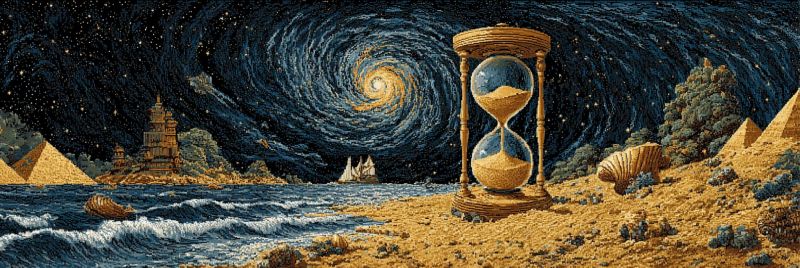 Nuit ciel etoiles galaxie sable sablier desert pyramide mer navire bateau vagues rivage arbres montagnes chateau fantaisie imagination Paysage surréaliste avec un grand sablier placé sur une plage de sable. Le sablier est fait de bois et rempli de sable doré. En arrière-plan, il y a un vaste océan avec des vagues qui se brisent contre le rivage. À gauche, il y a des pyramides faites de briques dorées, et à droite, il y a d'autres pyramides et une grande formation rocheuse. Le ciel est d'un bleu profond avec une galaxie tourbillonnante au centre, présentant un noyau jaune vif. Au loin, il y a un voilier naviguant sur l'océan, ajoutant à la qualité onirique de la scène.