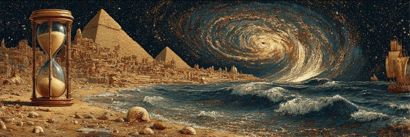 Pyramide sable mer navire ciel tempete soleil coucher texture temps ville voyage vague eau vent ancien architecture plage Vaste paysage surréaliste présentant une plage avec un grand sablier au premier plan. Le sablier est rempli de sable, symbolisant le passage du temps. Derrière le sablier, il y a un paysage urbain avec des pyramides égyptiennes anciennes, leurs structures majestueuses et grandioses. Le ciel au-dessus est une nuit profonde et étoilée, avec une galaxie en spirale proéminente dominant la scène, ajoutant un sentiment de merveille cosmique. L'océan au premier plan est turbulent, avec des vagues s'écrasant sur le rivage. À droite, un navire navigue sur la mer, ajoutant un sentiment d'exploration et d'aventure. La scène globale combine des éléments d'histoire ancienne, de beauté naturelle et d'exploration cosmique.