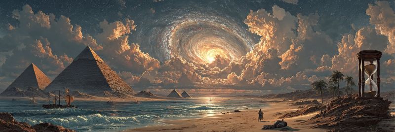 Pyramid desert sky clouds sunset beach sea ship hourglass mountains ancient history architecture nature fantasy imagination palm trees vast desert landscape with a striking sunset or sunrise in the background. In the foreground, there is a sandy beach with a few palm trees and a person walking along the shore. To the left, there is a small boat sailing on the ocean. In the middle ground, there are several pyramids, with the largest one being a prominent feature. The sky is filled with clouds, and there is a spiral galaxy visible in the sky, adding a sense of wonder and mystery to the scene. The overall mood of the image is serene and peaceful, with a sense of timelessness and grandeur.