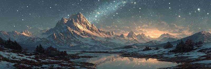 Mountain sky night lake snow reflection water cloud star forest hill rock tree valley frost winter frosty range serene and majestic mountain landscape under a starry night sky. The mountains are covered in snow, with their peaks reaching high into the sky. The sky is a deep blue, dotted with countless stars, and there is a faint, glowing band of light, possibly the Milky Way, stretching across the sky. The foreground features a tranquil lake, its surface reflecting the stars and the surrounding mountains. The trees and shrubs around the lake are also dusted with snow, adding to the wintery atmosphere. The overall scene is peaceful and awe-inspiring, capturing the beauty of nature in a quiet, snowy night.