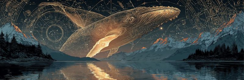 Whale night sky mountain lake water reflection nature astronomy stars constellation golden glow fantasy dreamlike majestic A majestic humpback whale leaps gracefully out of the water, its body forming a sweeping arc against a back of a starry night sky. The whale's silhouette is intricately detailed, with its textured skin and the curve of its tail fin clearly visible. The night sky is adorned with a celestial map, featuring constellations and stars that seem to dance around the whale. The scene is set against a mountainous landscape, with snow-capped peaks and dense forests framing the horizon. The water below the whale is calm and reflective, mirroring the sky and the whale's form. The overall atmosphere is serene and awe-inspiring, blending the natural beauty of the whale and the cosmos.