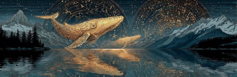 Whale night sky mountain water reflection trees snow stars ocean dark golden fantasy dream majestic majestic scene of two whales leaping out of a serene body of water, possibly a lake or sea, under a starry night sky. The whales are golden in color, with intricate patterns adorning their bodies, giving them a mystical appearance. The water reflects the golden light from the whales and the stars, creating a shimmering effect. In the background, there are majestic mountains covered in snow, with a few trees dotting the landscape. The sky is a deep blue, dotted with numerous stars, and there are two circular patterns resembling constellations, one on each side of the image, adding to the mystical and magical atmosphere.