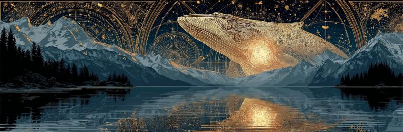 Baleine montagne lac eau reflet nuit ciel etoiles lueur doree fantaisie nature arbres foret neige astronomie Une baleine majestueuse flotte gracieusement dans le ciel, son corps doré scintillant sur le fond d'une nuit sombre et étoilée. La forme de la baleine est détaillée avec intrication, sa bouche ouverte comme si elle chantait à l'univers. Autour de la baleine, des motifs circulaires dorés complexes ressemblent à des designs célestes, ajoutant une touche mystique à la scène. En dessous, un lac serein reflète le ciel nocturne et le reflet de la baleine, créant un mélange harmonieux d'eau et de lumière. Au loin, des montagnes enneigées s'élèvent majestueusement, leurs sommets touchant le ciel, et quelques arbres parsèment le paysage, ajoutant à la beauté tranquille de la scène.
