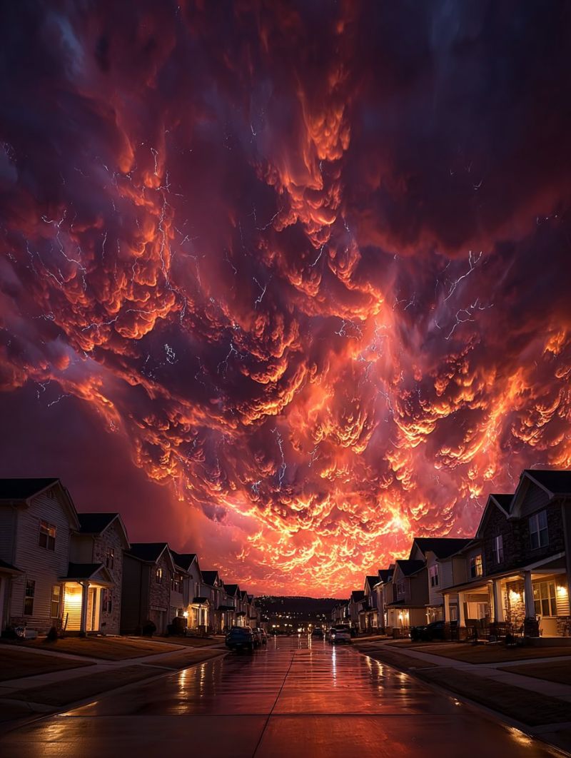 Sky clouds lightning storm night weather atmosphere dark illumination street houses residential architecture urban city nature outdoors reflection dramatic and intense sunset over a suburban neighborhood. The sky is filled with towering, dark, and fiery clouds, illuminated by flashes of lightning. The clouds are massive and billowy, creating a dramatic and almost apocalyptic scene. The houses below are lined up in a row, with some of them having lights on, casting a warm glow on the wet street. The street is wet, likely from rain, and the overall scene is both awe-inspiring and slightly ominous.