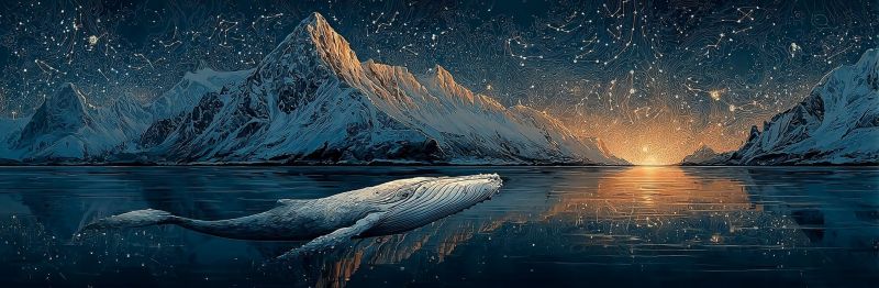 Whale ocean night sky mountain water reflection sea sunset star ice snow dark cloud horizon rock hill valley a large humpback whale is swimming gracefully in a serene, dark blue ocean. The water is calm, reflecting the starry night sky above. The sky is dotted with numerous stars, and there is a subtle orange glow on the horizon, possibly indicating the setting sun. In the background, there are majestic snow-covered mountains, adding to the tranquil and majestic atmosphere of the scene.