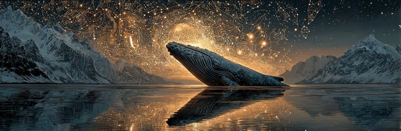 Baleine ocean nuit ciel etoiles reflexion eau montagnes fantaisie onirique majestueux Une baleine à bosse émerge de la surface d'un plan d'eau calme et réfléchissant. Le corps de la baleine est arqué vers le haut, avec sa tête et une partie de son dos visibles au-dessus de l'eau. L'eau est sombre et reflète le ciel nocturne, rempli d'étoiles et de constellations. L'arrière-plan présente des montagnes enneigées, ajoutant à l'atmosphère sereine et majestueuse. Le ciel est d'un bleu profond, avec une touche d'orange près de l'horizon, suggérant soit l'aube soit le crépuscule. La scène globale est tranquille et impressionnante, capturant la beauté de la nature.
