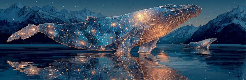 Whale night water reflection mountain sky sea ocean star fantasy glow glowing a large humpback whale is depicted in a stylized, almost ethereal manner, with its body glowing softly as if illuminated from within. The whale's body is adorned with a pattern of lights that resemble stars, giving it a celestial appearance. The whale is leaping out of the water, its tail and part of its body arched upwards. In the background, there are majestic mountains under a twilight sky, with a few stars visible. The water is calm, and the whale's reflection is visible on the surface. Another smaller whale is also present, swimming in the distance. The overall scene is serene and magical, with a sense of wonder and tranquility.
