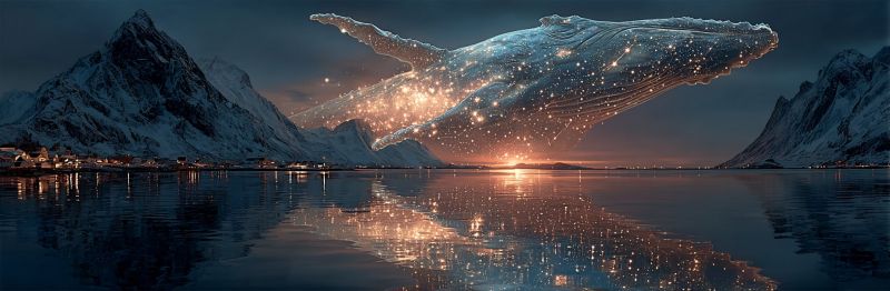 Whale night sky water mountain reflection sea ocean sunset nature town building glow glowing stars A large humpback whale is leaping out of the water, its body illuminated by a soft, ethereal light. The whale's body is covered in tiny, sparkling lights, giving it a magical appearance. The scene is set against a back of snow-capped mountains and a serene, dark sky. The water below is calm and reflects the lights from the whale and the surrounding environment. In the distance, there are lights from a small town or village, adding to the tranquil atmosphere. The overall mood is one of wonder and awe, as if witnessing a rare and magical event.