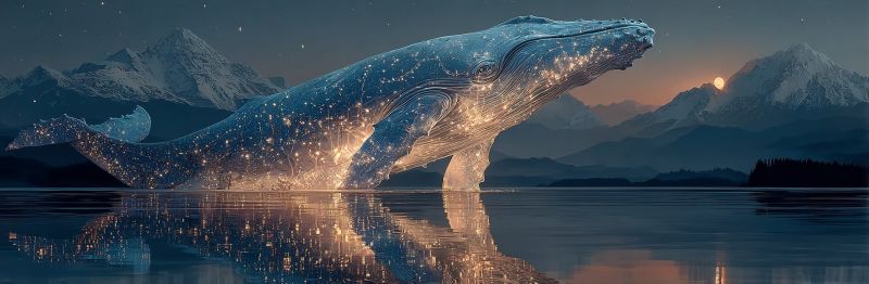 Whale water night mountains reflection sky sea ocean wildlife nature mammal seascape glow illumination bioluminescence underwater aquatic A large, glowing blue whale is leaping out of the water, its body shimmering with light. The whale's mouth is open, and its eyes are visible, adding to its majestic appearance. The water reflects the whale's light, creating a beautiful, shimmering effect. In the background, there are mountains with snow-capped peaks, and the sky is dark, with a bright moon illuminating the scene. The overall atmosphere is serene and magical, with the whale's glowing body adding a touch of wonder to the image.