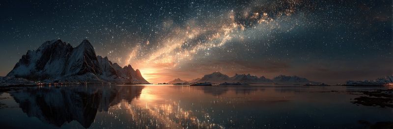 Night sky mountain lake water reflection sunset cloud star horizon sea ice dark nature outdoor beauty A serene night scene features a vast, dark sky filled with stars, including the Milky Way galaxy. The horizon is marked by a line of rugged, snow-capped mountains. The sun is setting, casting a warm, golden glow across the landscape. The reflection of the sky and stars is mirrored on a calm body of water, possibly a lake or sea. The scene is tranquil, with a sense of vastness and natural beauty.