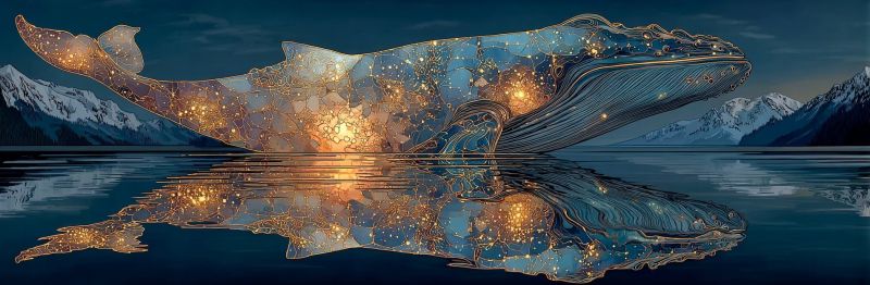 Whale night sky water reflection glow geometric pattern fantasy dreamlike ocean mountains snow stars golden ethereal An artistic illustration of a whale floating gracefully in a serene body of water. The whale's body is adorned with intricate patterns that resemble a mosaic, featuring shades of blue, gold, and yellow. The whale's tail and fins are illuminated with a warm, golden light, creating a glowing effect. The water reflects the whale's image, adding to the ethereal atmosphere. In the background, there are majestic mountains covered in snow, with the sky painted in deep blues and hints of twilight.