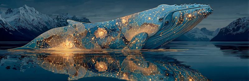 Whale water reflection night sky mountains stars glow fantasy dreamlike geometric pattern ocean sea An artistic illustration of a whale floating in a serene body of water, possibly a lake or ocean. The whale is depicted with a glowing, intricate pattern of lights and lines on its body, resembling a starry night sky. The whale's body is a deep blue color, and its fins and tail are highlighted with golden lights. The water reflects the whale and the surrounding landscape, which includes snow-capped mountains in the distance. The sky is dark, and the only light source is the whale's glowing pattern.