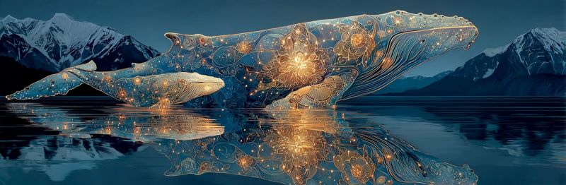 Whale ocean reflection night water mountain glow design pattern nature fantasy dream beauty calm serene majestic two whales are gracefully swimming in a serene body of water, their reflections shimmering on the surface. The whales are adorned with intricate, golden patterns that resemble flowers and leaves, adding a touch of elegance and artistry to their forms. The water is a deep blue, reflecting the night sky above, which is dotted with stars. In the background, majestic mountains rise, their peaks dusted with snow, creating a sense of grandeur and tranquility. The overall scene is peaceful and enchanting, capturing the beauty of nature and the delicate interplay of light and shadow.