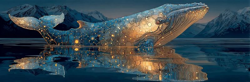 Whale water reflection night sky mountains ocean fantasy dream magic glow glowing colorful pattern texture design An artistic illustration of a whale floating in a serene body of water, with its reflection mirroring on the surface. The whale's body is adorned with intricate patterns that resemble a mosaic, featuring a mix of blue, yellow, and gold colors. The whale's eyes are glowing with a warm light, adding a mystical touch to the scene. In the background, there are majestic mountains covered in snow, creating a tranquil and awe-inspiring atmosphere. The sky above is a deep blue, hinting at the time being either dusk or dawn.