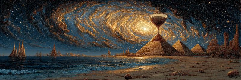 Painting pyramid night sky sea sand ship architecture water desert city building castle castles surreal landscape with a beach, pyramids, and a vast ocean under a night sky filled with stars. The sky is a deep blue with a swirling galaxy effect, and a bright sun is visible in the center. An hourglass is floating above the pyramids, which are made of stone and have a triangular shape. The beach is sandy with scattered seashells, and there are sailboats in the ocean. The scene combines elements of ancient architecture, maritime life, and cosmic wonder.