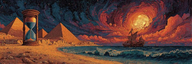 Painting ship sea pyramid sand sunset sky cloud water ocean wave beach desert ancient history astronomy cosmos universe time surreal landscape featuring a beach with a pyramid in the background. An hourglass stands prominently on the sand, its sand flowing downwards. To the right, a ship sails on the ocean under a dramatic sunset sky, with swirling clouds and a fiery sun. The sky transitions from dark blue to fiery orange, creating a vivid contrast. The beach is dotted with small, scattered objects, and the ocean waves crash gently against the shore.