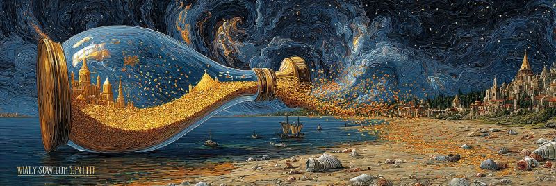 Painting bottle night sky city castle gold coins beach sea boat shells rocks stars water fantasy imagination dream large glass bottle floating in the ocean, with its cork open and golden coins spilling out into the water. The bottle is filled with a golden cityscape, including buildings and structures, which are visible through the glass. The scene is set against a back of a starry night sky, with a small, distant castle visible on the horizon. The shoreline is littered with rocks and shells, and there are a few boats visible in the distance. The overall effect is one of wonder and magic, as if the bottle has been opened to reveal a hidden world.