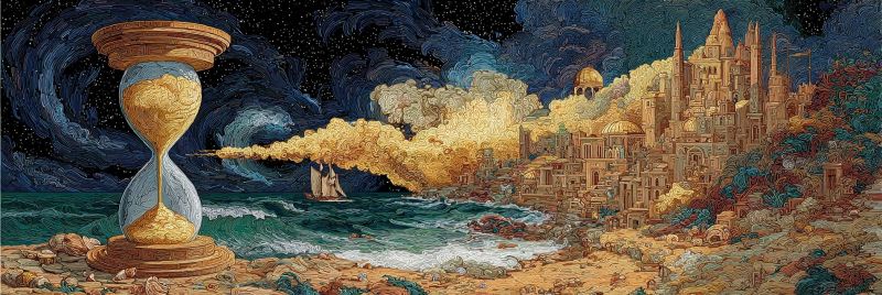 Ville chateau mer navire sable ciel nuit etoiles nuages vagues rivage rochers arbres dome tours domes architecture fantaisie Scène fantastique avec un grand sablier sur le côté gauche, rempli de sable doré. Le sablier est placé sur une côte rocheuse, avec des vagues qui s'écrasent à proximité. En arrière-plan, il y a une vaste ville détaillée avec de nombreux bâtiments, dômes et tours, tous rendus dans une teinte dorée. La ville est entourée de verdure luxuriante et d'arbres. Le ciel au-dessus est d'un bleu profond, rempli de nuages tourbillonnants et d'étoiles, donnant l'impression d'un ciel nocturne. Au premier plan, il y a un voilier naviguant sur l'océan, avec les vagues reflétant la lumière dorée de la ville. La scène globale combine des éléments de fantaisie, d'architecture et de nature, créant une atmosphère surréaliste et imaginative.