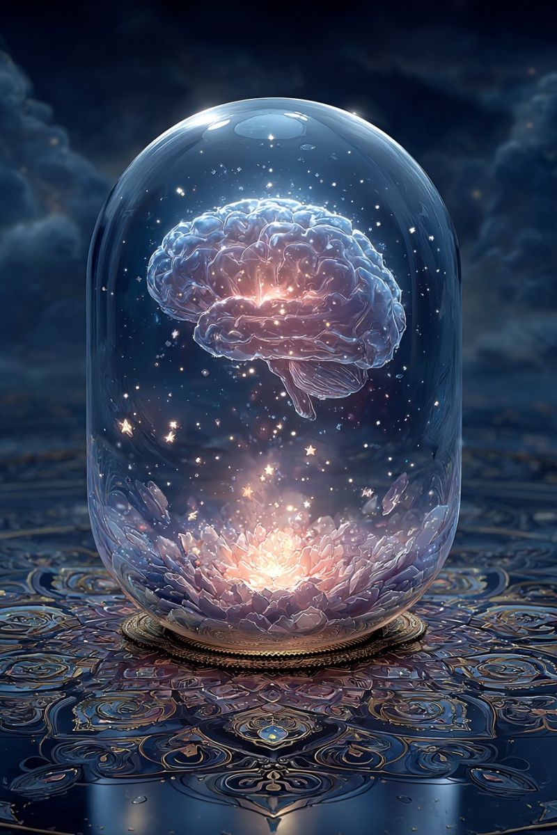 Brain stars flower reflection fantasy science imagination thoughts mind knowledge inspiration creativity complexity wonder exploration glass dome dark A glass dome with a brain inside, glowing with a soft pink light. The brain is detailed with folds and textures, resembling a real brain. The dome is transparent, allowing the brain to be seen clearly. The dome is placed on a circular base with intricate designs, and the background is a dark blue sky with stars. The overall image has a dreamy and surreal quality.