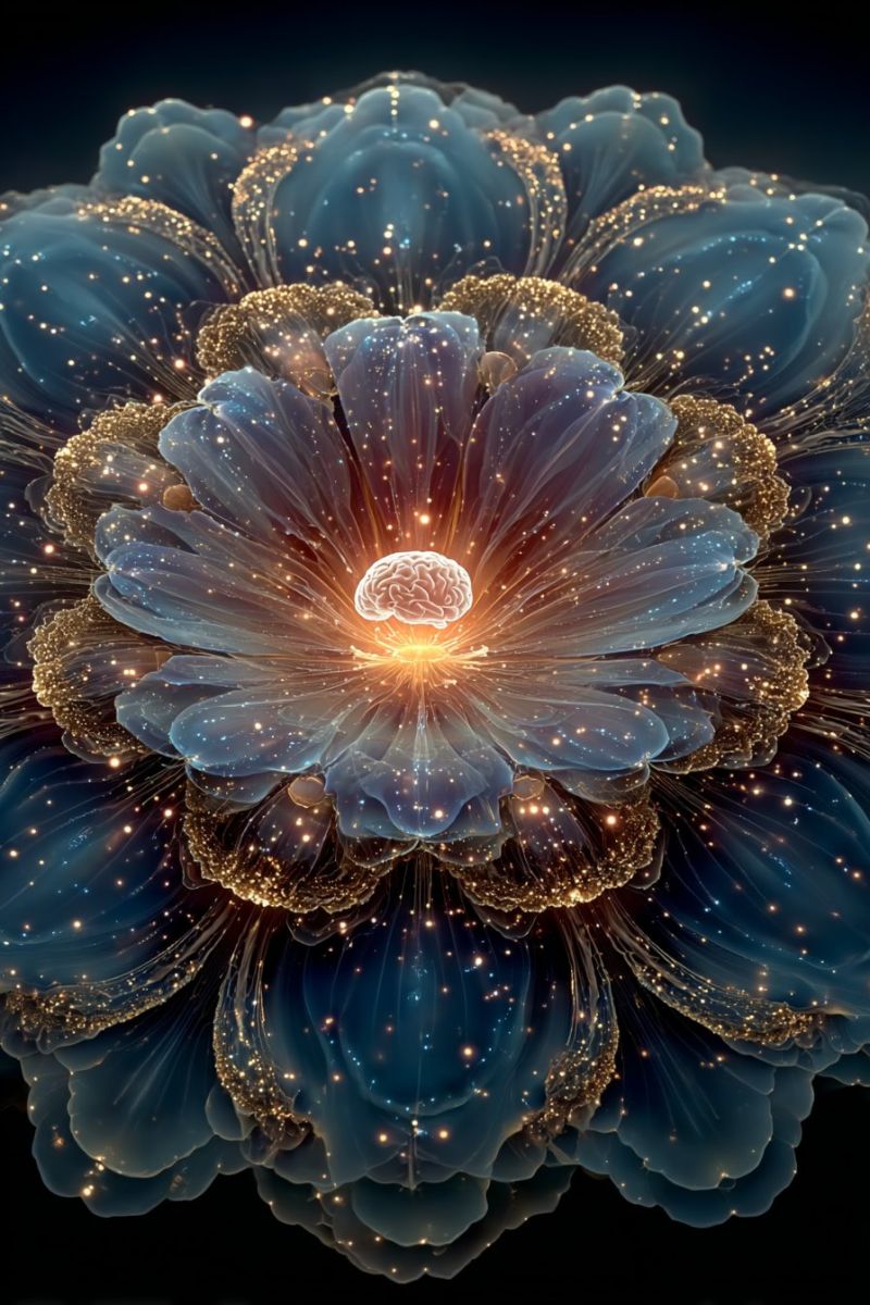 Flower brain design pattern texture colorful geometric symmetry fractal infinity cosmos space galaxy A large, intricate flower with a deep blue and gold color scheme dominates the image. The petals are translucent, layered, and appear to be made of a delicate, almost glass-like material. The center of the flower is a glowing, golden-yellow light, resembling a brain, surrounded by a halo of smaller, scattered golden lights. The petals are adorned with intricate patterns and textures, giving the flower a three-dimensional, almost ethereal appearance. The background is dark, enhancing the contrast and making the flower stand out prominently.
