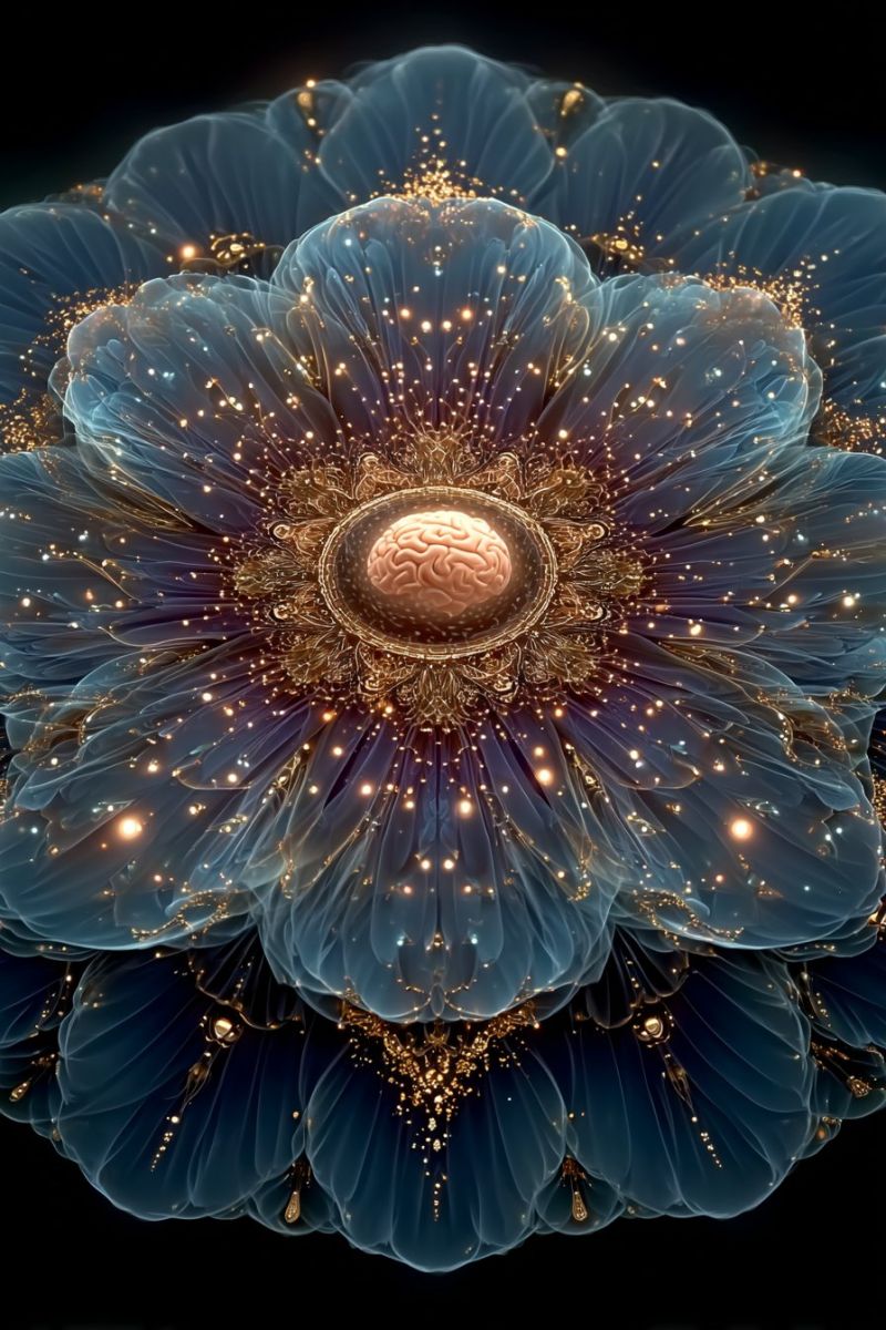 Fleur cerveau bleu design texture nature science technologie fantaisie reve imagination creativite complexite Un design circulaire et complexe présente une illustration de cerveau au centre, entourée d'un bord doré et ornemental. Le cerveau est représenté en nuances de rose et de blanc, avec un effet translucide et lumineux. La partie extérieure du design se compose de plusieurs couches de pétales bleus translucides, chacun orné de petits accents dorés et de minuscules points lumineux. Le fond est sombre, mettant en valeur l'effet lumineux des pétales et des points.