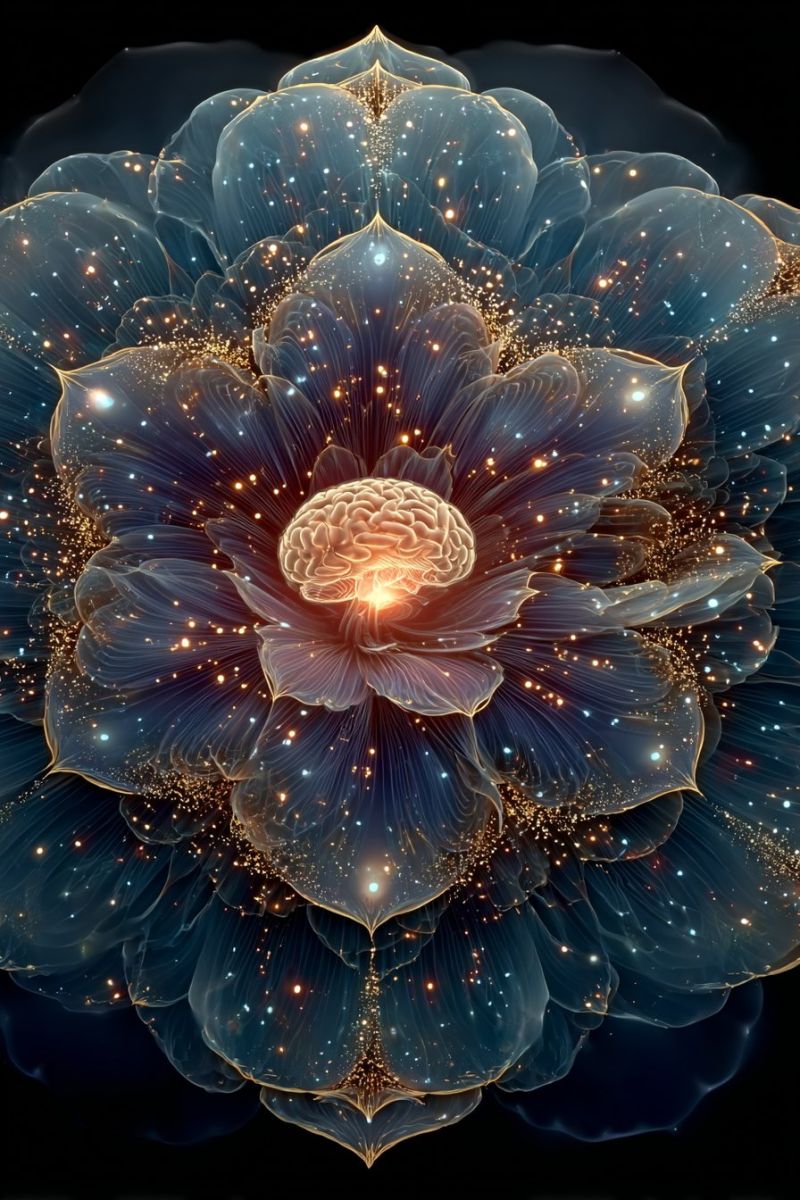 Flower brain design colorful pattern geometric symmetry fractal complexity depth texture imagination creativity large, intricate flower with a dark blue and gold color scheme. The petals are translucent and layered, giving the flower a three-dimensional appearance. At the center of the flower, there is a glowing brain, surrounded by a halo of light that emits a warm, golden glow. The petals are adorned with tiny, sparkling lights that resemble stars, adding to the ethereal and mystical feel of the image. The background is dark, which makes the flower and brain stand out prominently.