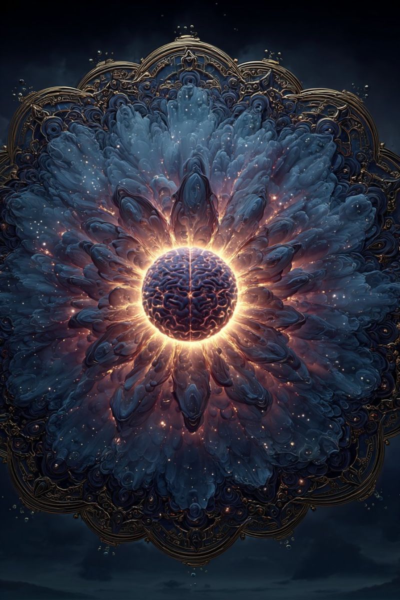 Blue brain center complex concept dark design flower fractal geometric glow golden central brain-like structure surrounded by intricate, swirling patterns that resemble petals or leaves. The brain is depicted in shades of blue and purple, with a glowing yellow-orange light emanating from it, creating a radiant effect. The background is dark, with hints of blue and purple, enhancing the contrast of the central brain. The overall design is highly detailed, with a mix of organic and geometric shapes, giving it a surreal and mystical appearance.