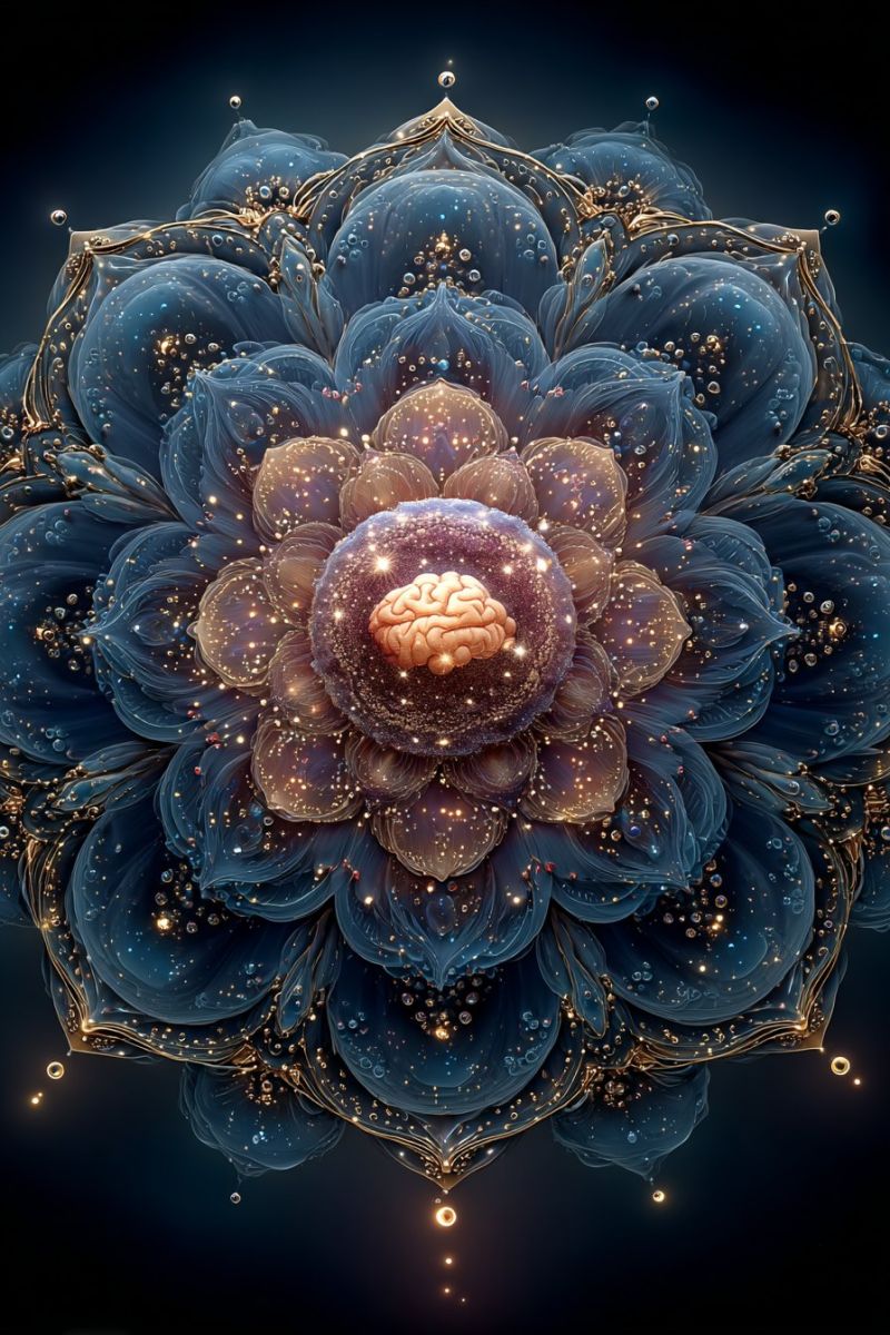 Flower brain design bubbles gold blue nature pattern symmetry geometric fantasy imagination creativity large, intricate flower with a deep blue and gold color scheme. The flower has multiple layers of petals, each adorned with small, sparkling gold dots and tiny bubbles. At the center of the flower, there is a brain-like structure, depicted in shades of brown and purple, surrounded by a glowing, ethereal light. The background is dark blue, enhancing the vibrant colors of the flower and its details.