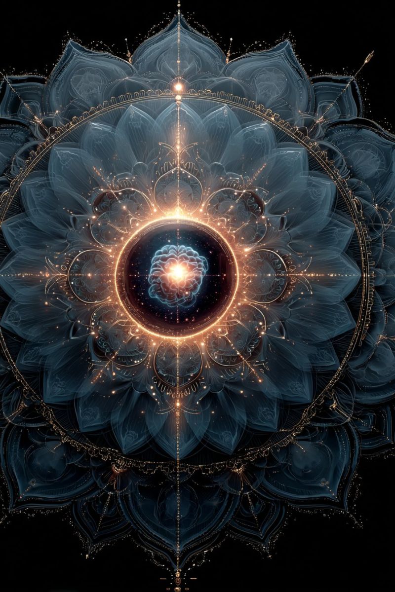 Blue brain circle colorful concept design flower fractal geometric glow golden logo mandala pattern texture Grand design de mandala complexe centré sur un fond sombre. Le mandala est composé de multiples couches de pétales bleus translucides qui se chevauchent, chacun orné d'accents dorés. Au coeur du mandala, il y a une sphère circulaire et lumineuse qui émet une lumière vive. À l'intérieur de cette sphère, il y a une illustration détaillée d'un cerveau humain, entouré d'un motif de type galaxie de étoiles et d'éléments cosmiques. L'ensemble du design est très détaillé, avec un sens de profondeur et de complexité, créant une atmosphère visuellement captivante et mystique