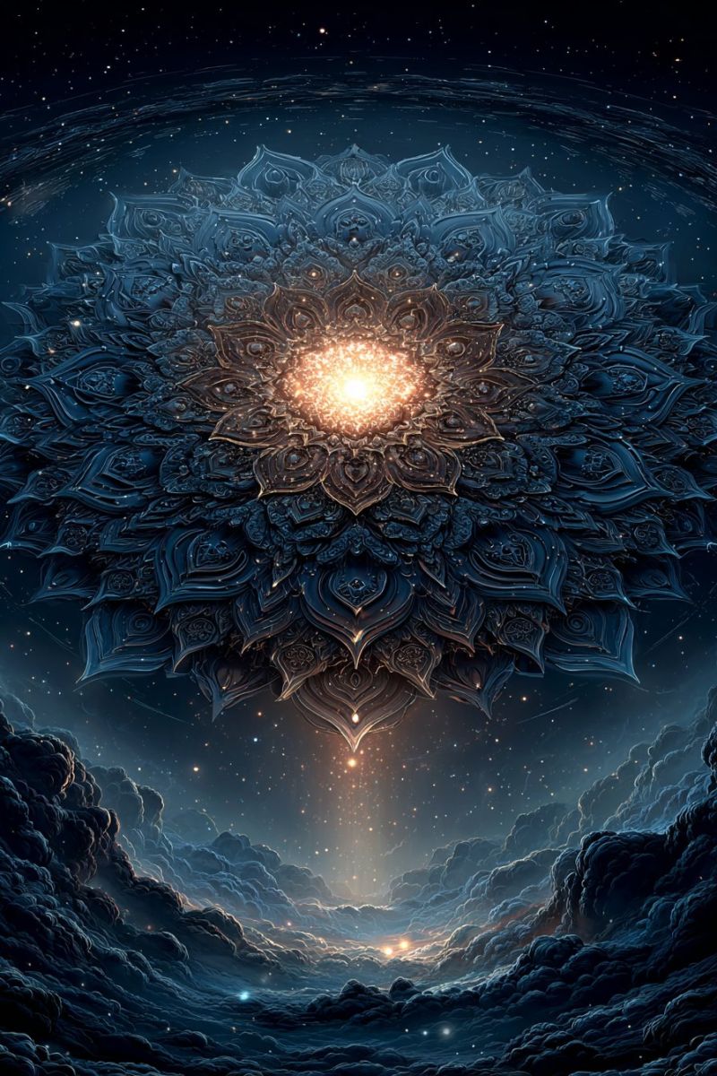 Bleu nuages cosmos obscurite design fleur fractal geometrique lueur dore ciel infinite nuit espace etoile stellaire texture univers Un grand design circulaire, complexe et orné domine le centre de l'image, ressemblant à une sphère céleste. Le design est composé de motifs détaillés et superposés qui forment une structure complexe, presque fractale. La partie centrale du design est brillante et dorée, irradiant une lumière qui illumine la zone environnante. Les couches extérieures du design sont d'un bleu foncé, avec des motifs complexes qui donnent l'impression de profondeur et de complexité. Le fond est un ciel bleu profond rempli d'étoiles, et il y a des nuages qui semblent flotter au loin, ajoutant à l'atmosphère éthérée. L'effet global est celui d'une scène mystique et d'un autre monde, avec le design central servant de point focal de lumière et de beauté.
