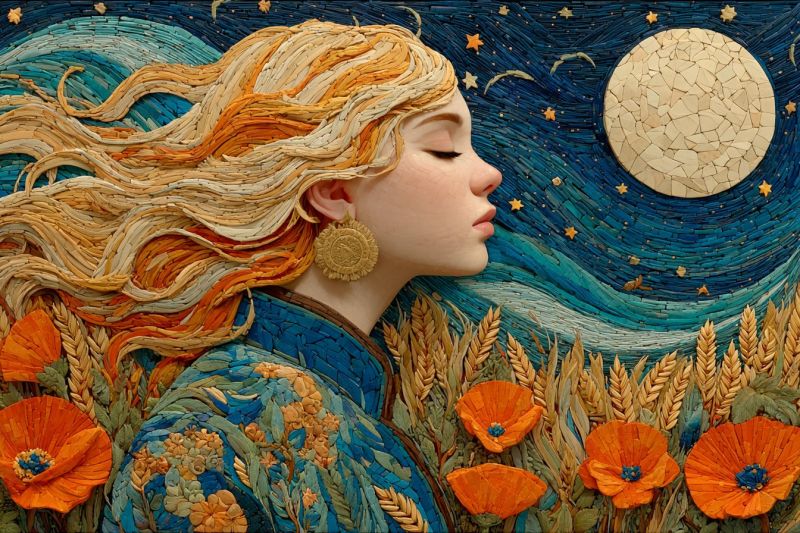 Femme nuit lune etoiles fleurs coquelicots ble reverie imagination fantaisie beaute texture mosaique inspiration L'oeuvre d'art représente une femme aux cheveux longs et ondulés faits de morceaux de papier de diverses couleurs, donnant un effet de mosaïque. Ses cheveux sont dorés et orange, se fondant dans l'arrière-plan d'un champ de blé. Elle porte une robe bleue et orange, également fabriquée en papier, avec des motifs complexes. Le visage de la femme est tourné sur le côté, et elle semble contempler le ciel nocturne. Le ciel est représenté avec une grande pleine lune entourée d'étoiles, tous faits de petits morceaux de papier. L'arrière-plan comprend un mélange de teintes bleues et orange, avec le champ de blé et les fleurs ajoutant au cadre naturel.