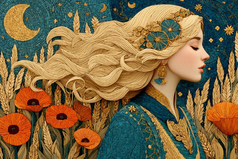 Painting woman flower earring headband crown flowers In the center of the image stands a woman with long, wavy blonde hair adorned with a golden flower crown. She wears a teal dress with golden accents and has a serene expression. She is surrounded by a field of wheat and orange poppies. The background features a mosaic of blue and gold tiles, depicting a crescent moon, stars, and a golden sun. The overall scene is vibrant and detailed, with a mix of natural and crafted elements.