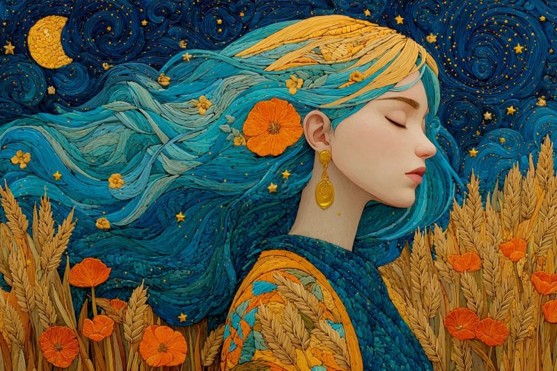 Femme nuit ciel lune etoiles fleurs boucles oreilles ble reve fantaisie imagination beaute inspiration creativite Femme aux cheveux longs et ondulés qui semblent être faits de divers matériaux, leur donnant un aspect texturé, presque tridimensionnel. Ses cheveux sont principalement bleus et jaunes, avec des mèches dorées et orange. Elle a une expression sereine, les yeux fermés, et porte une robe qui correspond aux couleurs de ses cheveux. Le fond est un ciel bleu vibrant rempli de motifs tourbillonnants qui ressemblent à un ciel nocturne, avec une lune croissante et des étoiles. Le ciel est parsemé de petites étoiles dorées et de quelques fleurs orange éparpillées. Le sol est recouvert de hautes tiges de blé doré et de fleurs orange, créant un cadre semblable à un champ. La composition globale est très détaillée et semble être conçue avec un mélange de matériaux, lui donnant un aspect artistique unique.