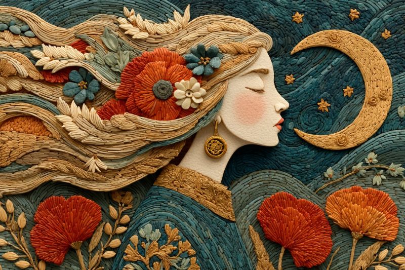 Painting woman moon flowers stars night sky fantasy dreamy imagination beauty colorful creative inspiration decorative Oeuvre en mosaïque détaillée d'une femme aux cheveux longs et fluides ornés de fleurs et de feuilles. Ses cheveux sont finement travaillés avec diverses nuances de brun, de beige et de vert, lui donnant un aspect naturel et texturé. Elle porte une robe bleue avec des accents dorés, et son visage est serein avec les yeux fermés, exsudant une expression paisible. Le fond est un ciel bleu vibrant avec un grand croissant de lune doré et des étoiles éparpillées, ajoutant au thème céleste. L'ensemble de la pièce est entouré d'une mosaïque de fleurs, de feuilles et de petites pierres, créant une scène harmonieuse et détaillée