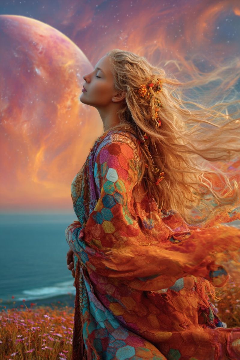 Femme robe fleurs planete ciel ocean fleur champ Une femme aux longs cheveux blonds ondulés se tient dans un champ de fleurs sauvages, les yeux fermés et la tête inclinée vers le haut. Elle porte une robe fluide aux multiples couleurs ornée de motifs complexes et de petites fleurs dans ses cheveux. L'arrière-plan présente une grande planète en feu avec un ciel flamboyant. L'océan est visible au loin, avec des vagues qui viennent doucement lécher le rivage. La scène globale est vibrante et irréelle, avec un sentiment de tranquillité et d'émerveillement.