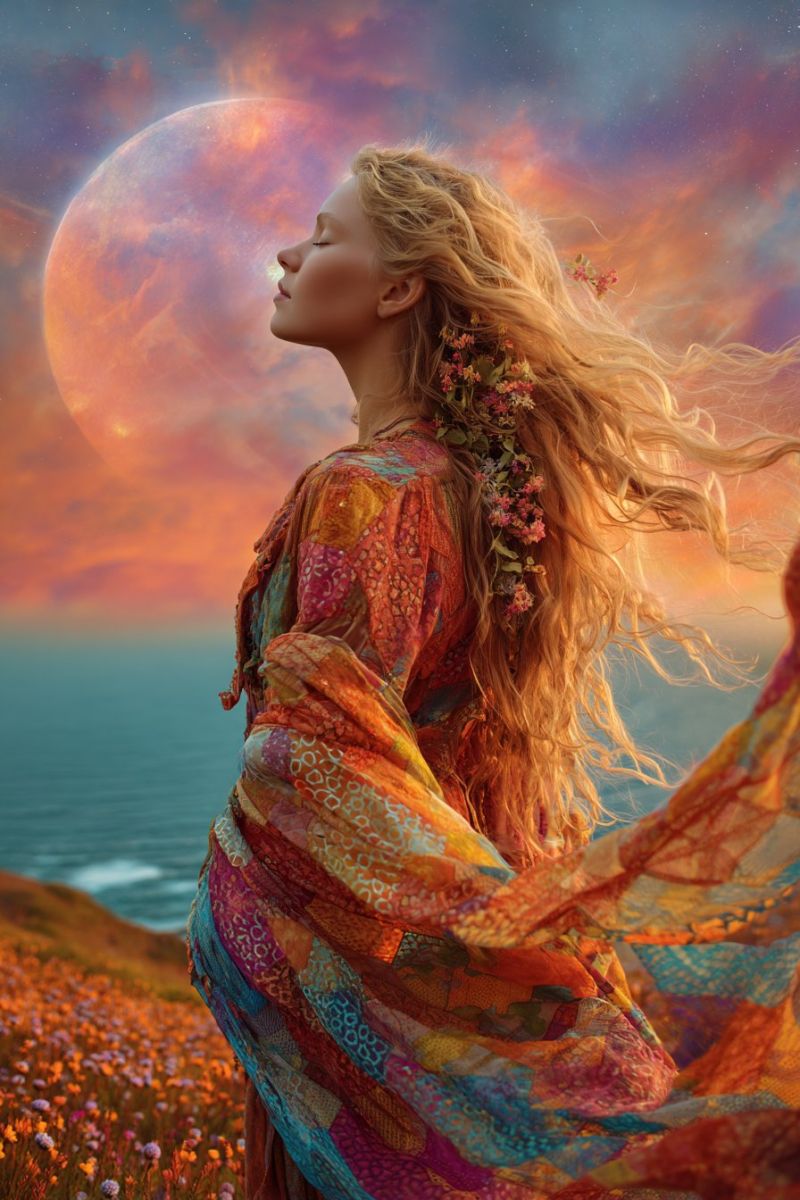 Femme robe fleur champ ciel lune nuit fleurs floraison floraisons Une femme aux longs cheveux blonds ondulés se tient dans un champ de fleurs colorées sous un ciel de coucher de soleil vibrant. Elle porte une robe fluide aux multiples couleurs ornée de motifs complexes et d'accessoires floraux dans ses cheveux. Ses yeux sont fermés, et elle semble être dans un moment de contemplation ou de méditation. Derrière elle, le ciel est un mélange d'oranges chauds, de roses et de violets, avec une grande lune brillante partiellement visible. L'océan s'étend en arrière-plan, avec de douces vagues léchant le rivage.