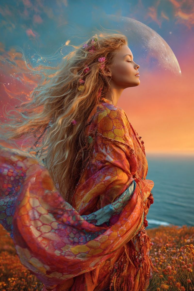 Femme fantaisie robe fleurs coiffure accessoires Une femme aux longs cheveux blonds ondulés se tient dans un champ de hautes fleurs dorées sous un ciel de coucher de soleil vibrant. Elle porte une robe fluide aux multiples couleurs ornée de motifs complexes et une ceinture. Ses cheveux sont décorés de petites fleurs colorées. Elle regarde vers le haut, les yeux fermés, comme en profonde réflexion ou méditation. Derrière elle, le ciel passe du bleu profond aux oranges et roses chauds, avec une grande lune brillante au loin. L'océan est visible en arrière-plan, avec de douces vagues léchant le rivage.