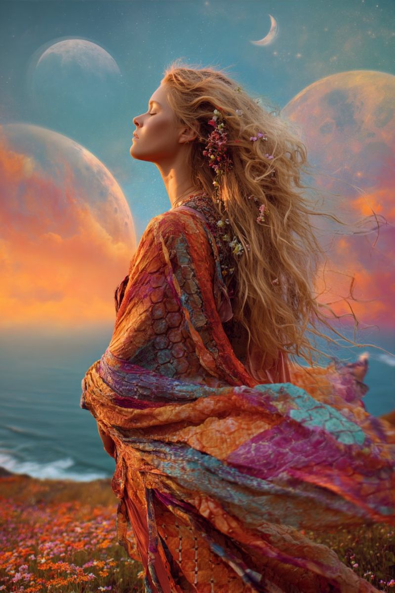Femme robe fleurs lune ciel nuit nuages ocean fantaisie reve meditation inspiration beaute nature univers espace imagination Une femme aux longs cheveux blonds ondulés se tient sur un champ d'herbe, les yeux fermés et la tête inclinée vers le haut. Elle porte une robe fluide aux multiples couleurs ornée de motifs complexes et d'éléments floraux. La robe flotte autour d'elle, captant la lumière et créant un sentiment de mouvement. Derrière elle, le ciel est un mélange de teintes bleues et orange, avec un croissant de lune et plusieurs grandes planètes lumineuses visibles. La scène se déroule sur fond d'un océan serein, avec de douces vagues léchant le rivage. L'atmosphère générale est mystique et éthérée, avec un sentiment d'émerveillement et de tranquillité.