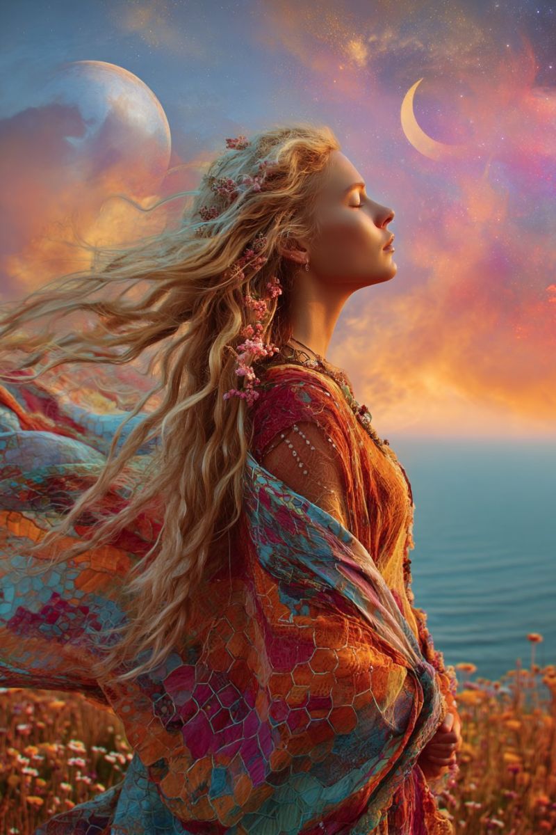Woman fantasy dress flowers sky moon night stars clouds ocean flower A woman with long, flowing blonde hair stands in a field of flowers, her eyes closed and her head tilted upward. She wears a colorful, flowing dress adorned with intricate patterns and a necklace. Her hair is decorated with small flowers. Behind her, the sky is a mix of orange and pink hues, with a large, glowing moon and a crescent moon visible. The background features a serene sea and a distant horizon.