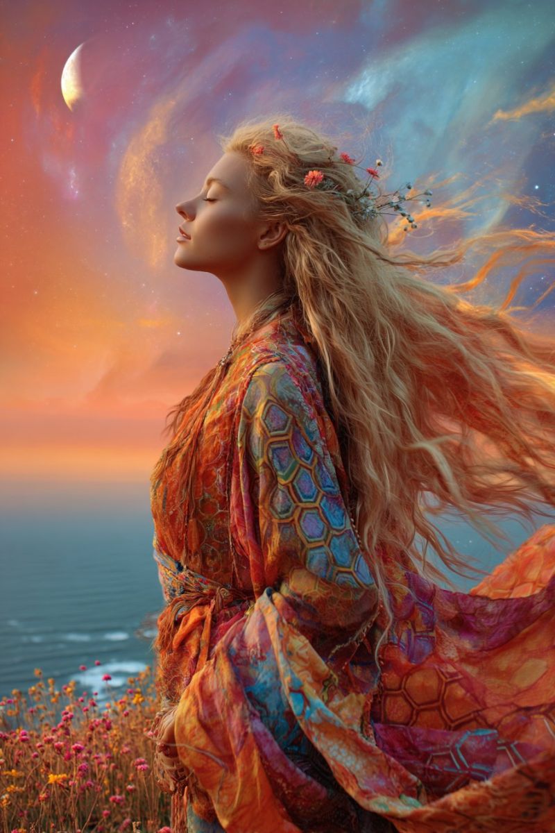 Femme robe fleurs coiffure bandeau epingle accessoires pince lien ornement decoration bijoux accessoire Une femme aux longs cheveux blonds ondulés se tient sur une falaise surplombant l'océan au coucher du soleil. Elle porte une robe multicolore vibrante ornée de motifs complexes, y compris un design en nid d'abeille. Ses cheveux sont décorés de petites fleurs, et elle regarde vers le haut, apparemment perdue dans ses pensées. Le ciel au-dessus est un mélange de teintes orange chaudes et bleues fraîches, avec un croissant de lune et des étoiles visibles. L'océan en contrebas est calme, et l'horizon est parsemé de fleurs sauvages.