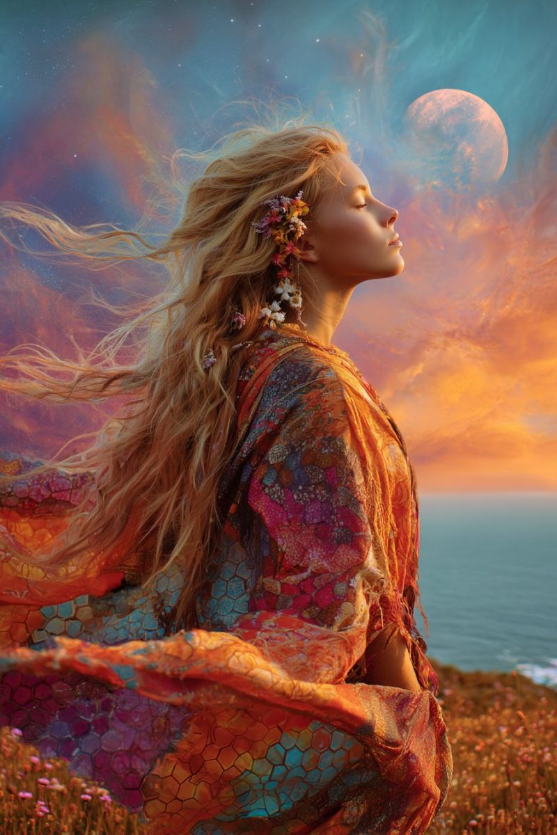 Femme robe fleur ciel lune nuit coucher soleil mer nuage ocean fleurs floraison floraisons Une femme aux longs cheveux blonds ondulés se tient sur un champ d'herbe, les yeux fermés et la tête inclinée vers le haut. Elle porte une robe fluide aux motifs multicolores ornée de motifs complexes, et ses cheveux sont décorés de petites fleurs colorées. La robe présente un mélange de teintes orange, rose, bleu et vert, avec un motif qui ressemble à une ruche. L'arrière-plan montre un ciel de coucher de soleil aux couleurs vives d'orange, rose et bleu, et une grande lune lumineuse dans le ciel. L'océan est visible en arrière-plan, avec de douces vagues.