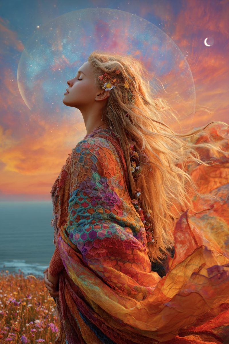 Femme robe fleur ciel coucher soleil nuage lune mer fleurs floraison nature beaute fille Une femme aux longs cheveux blonds ondulés se tient dans un champ de fleurs, les yeux fermés et la tête inclinée vers le haut. Elle porte une robe fluide aux multiples couleurs ornée de petites fleurs et une chaîne. La robe a un aspect texturé, presque tissé. Derrière elle, le ciel est un mélange de teintes orange et bleues, avec une grande lune brillante et un croissant de lune visible. L'arrière-plan présente un océan serein et un vaste ciel étoilé.