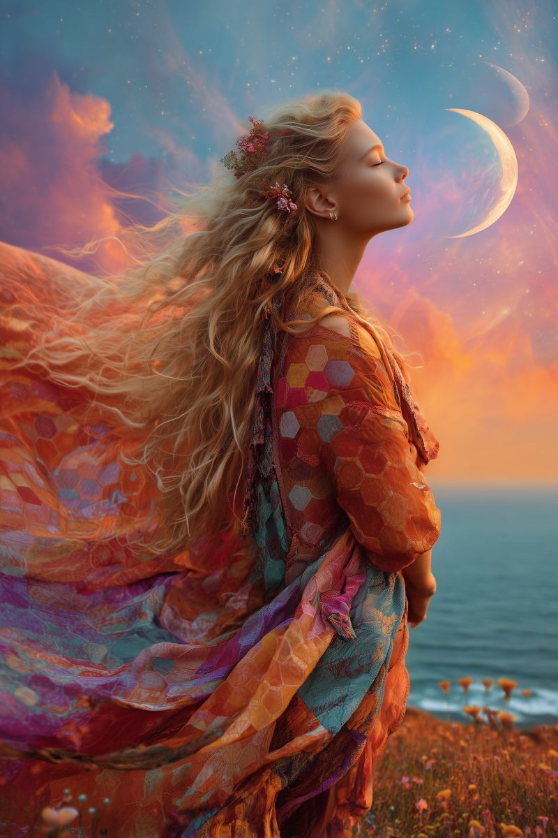 Femme robe fleur ciel lune nuit nuage ocean fleurs floraison champ floraisons Une femme aux longs cheveux blonds ondulés se tient dans un champ de fleurs sauvages, les yeux fermés et le visage tourné vers le ciel. Elle porte une robe fluide aux multiples couleurs avec un motif géométrique, et ses cheveux sont ornés de petites fleurs. Le ciel au-dessus est un mélange de teintes orange et bleues, avec un croissant de lune et une lune plus grande, partiellement visible au loin. L'océan est visible en arrière-plan, avec des vagues qui viennent doucement lécher le rivage.