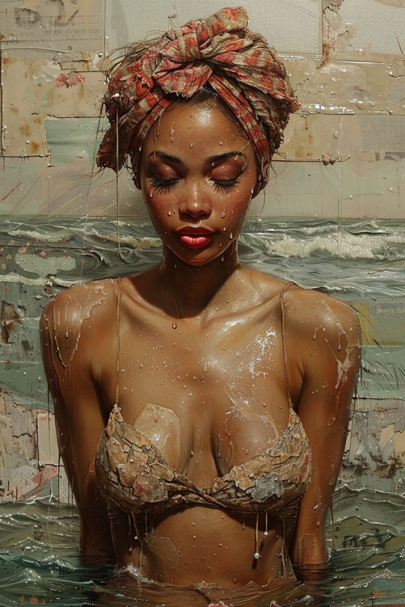 Eau femme beaute tableaux Une femme se tient dans l'eau, son corps scintillant de gouttelettes. Elle porte un bikini brun avec un aspect texturé et vieilli, et ses cheveux sont attachés dans un foulard à motifs. Son visage est mouillé, avec des larmes ou des gouttes d'eau coulant le long de ses joues. Elle regarde vers le bas, son expression sereine. L'arrière-plan est un mélange de surfaces abstraites et texturées avec des éclaboussures de couleur et ce qui semble être une scène de mer ou d'océan.